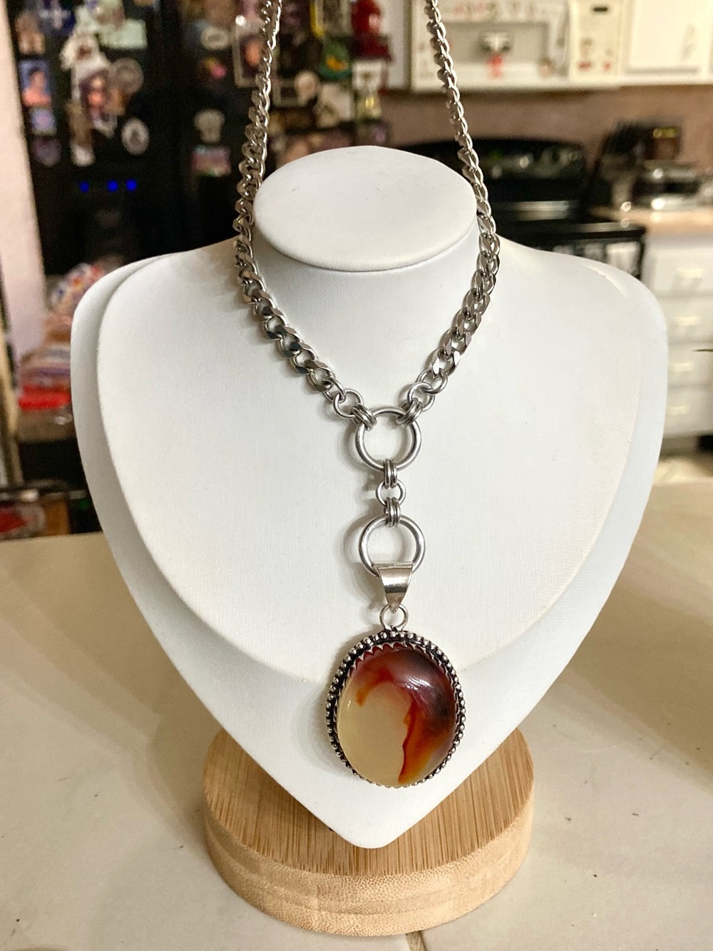Agate gemstone maille lariat Y shape Cuban stainless steel boho necklace - Picture 13 of 16